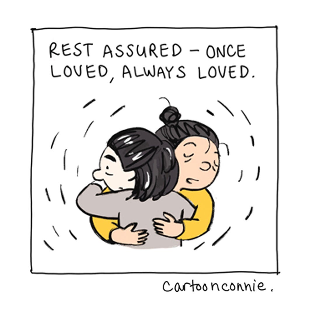 Panel 6 from a 6-panel comic strip about forgiving yourself and loving yourself, titled "A Valentine To My Younger Self." Original art by Connie Sun, cartoonconnie, 2026.