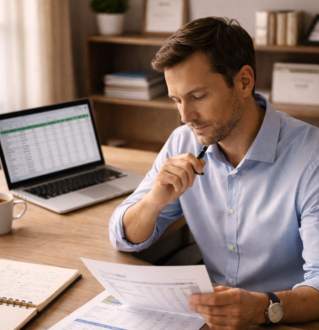 Business owner reviewing financial documents at a desk with a laptop spreadsheet open, pen in hand, in a warm home office setting. Business owner reviewing financial documents at a desk with a laptop spreadsheet open, pen in hand, in a warm home office setting.