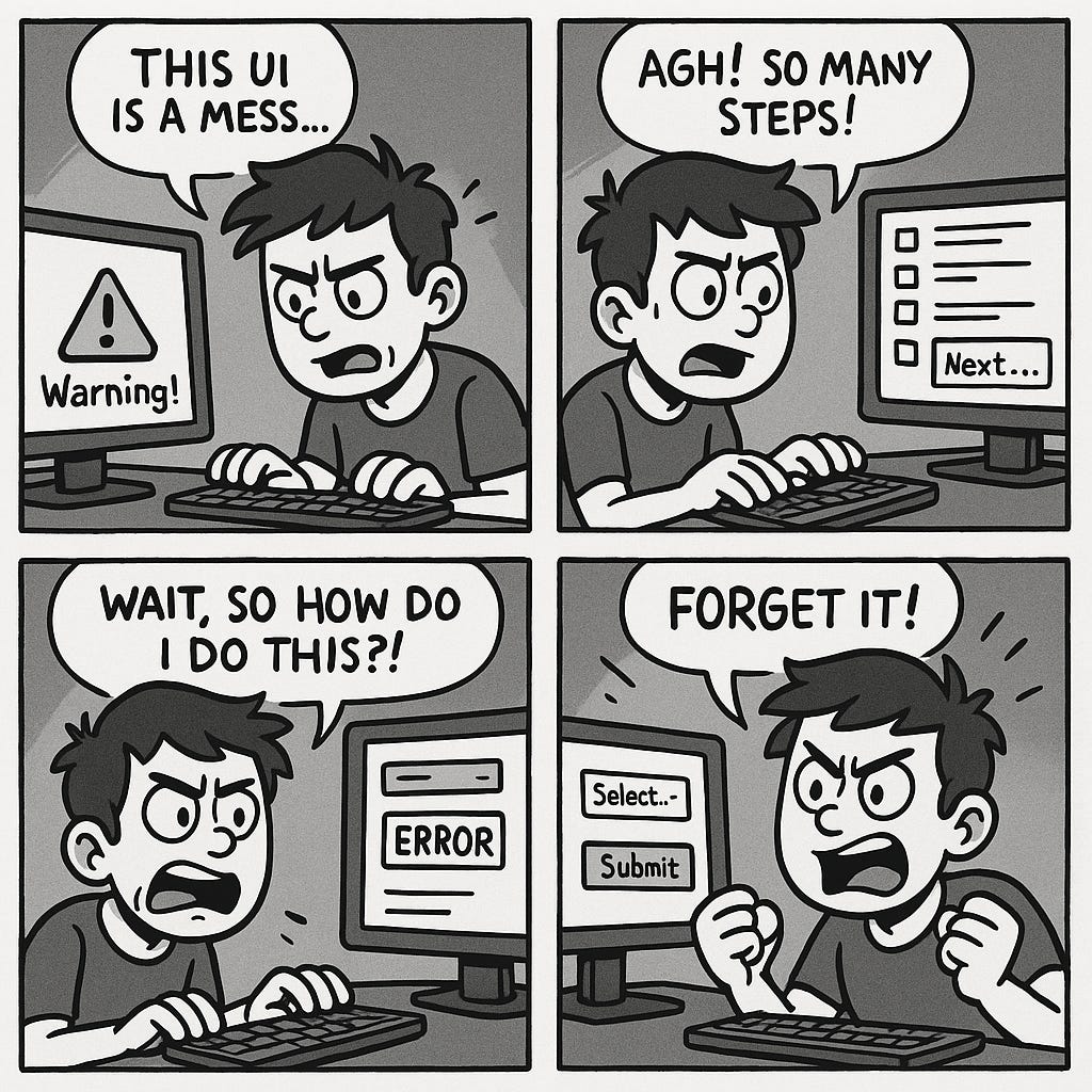 A four-panel black-and-white comic strip showing a frustrated user interacting with a confusing software interface. Panel 1: The user frowns at a warning screen and says, “This UI is a mess…” Panel 2: He looks overwhelmed at a multi-step form, exclaiming, “Agh! So many steps!” Panel 3: Staring at an error message, he yells, “Wait, so how do I do this?!” Panel 4: In frustration, he throws up his hands and shouts, “Forget it!” while the screen shows poorly labeled buttons like “Select…” and “Submit.” The comic captures how UX debt leads to user confusion and abandonment.