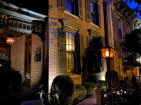three pictures of Victorian buildings at twilight