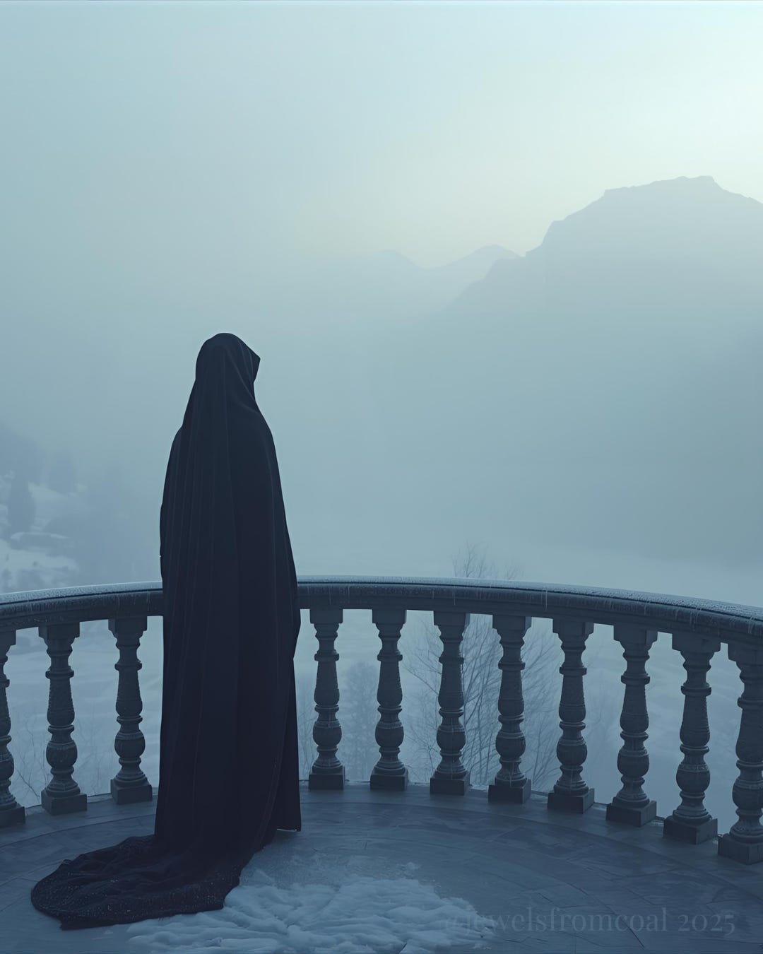 A solitary cloaked figure stands on an icy palace balcony overlooking a fog-covered winter landscape. Their posture is rigid and isolated, surrounded by pale morning light and snow. The scene symbolizes emotional masking, fear, and isolation.