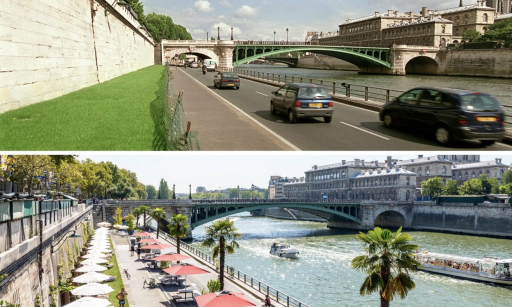 Before and after image of the river bank of the Seine in Paris. Before is full of cars; after, full of people.