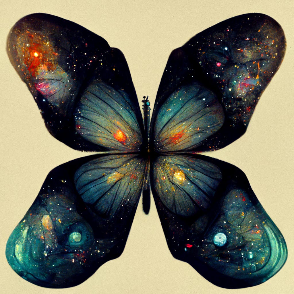 A painting of a butterfly whose wings reflect a universe of stars