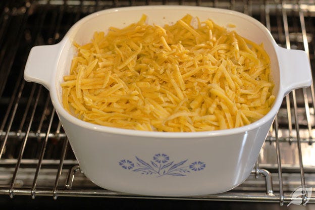 Put the baking dish in the oven at 350°F for 20-25 minutes.