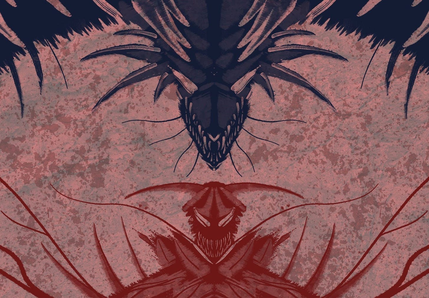 The silhouettes of a dragon and a demon with mantis like features