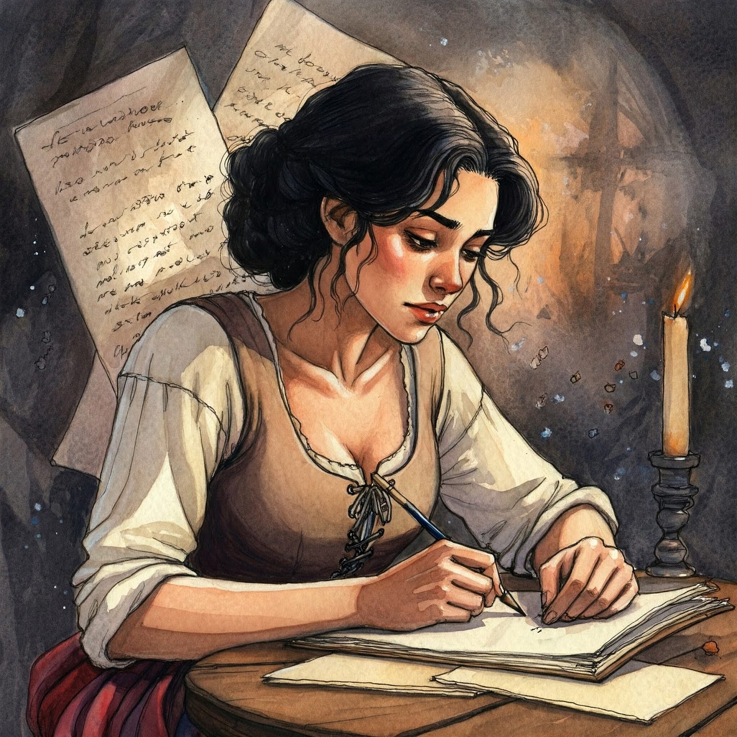 Image of Marie writing a Jeu poem about Jean Francois Navarre et Beausoleil Image of Marie writing a Jeu poem about Jean Francois Navarre et Beausoleil