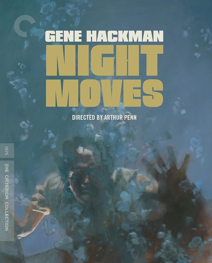 Criterion Collection artwork for Night Moves (1975), featuring a painted image of a man submerged underwater, pressing against glass, with bold gold typography over a murky blue background.