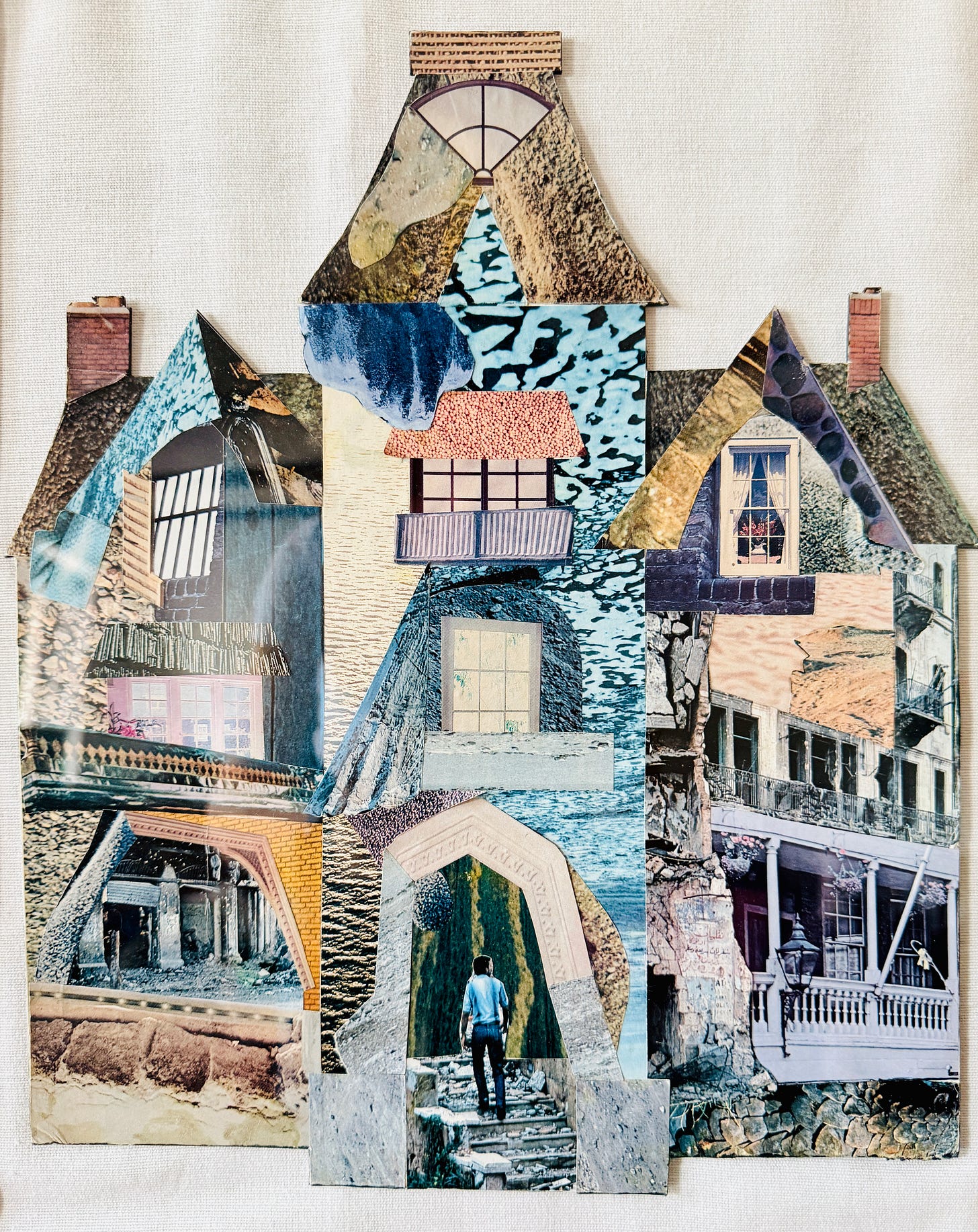 A collage of a house built from fragments of different photographs. A small figure with their back to us stands at the foot of the steps, about to walk in.