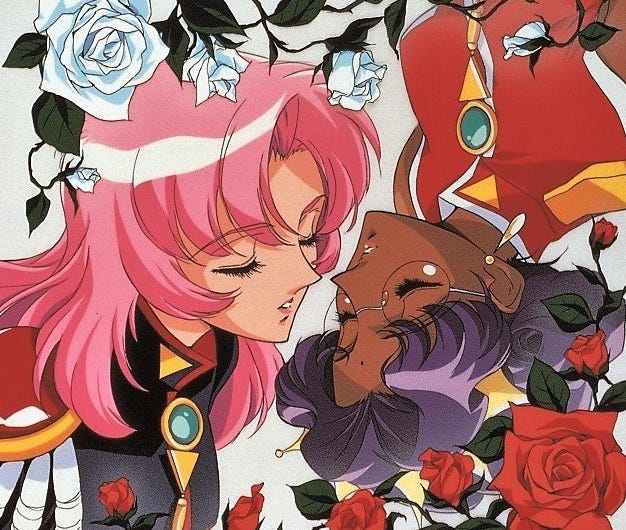 Imagine shows Utena and Anthy, characters from Revolutionary Girl Utena, surrounded by white and red roses, posed as though about to kiss.