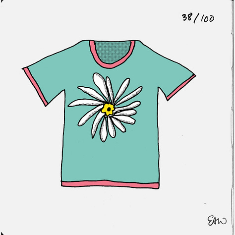 Thumbnail sktches of t-shirt concepts coloured in a limited palette