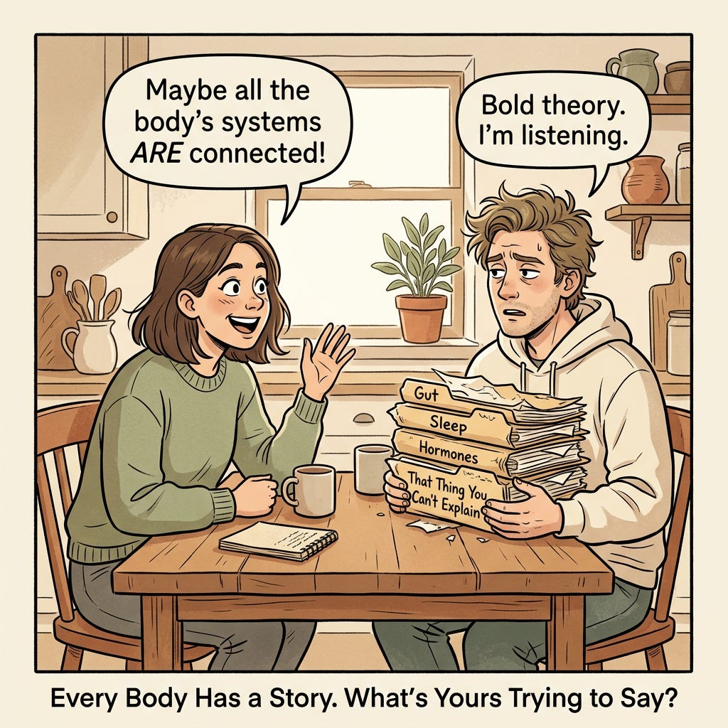 Comic panel: "Maybe all the body's systems ARE connected!" with tired folder person