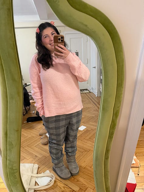 seven different outfit photos taken in front of a mirror