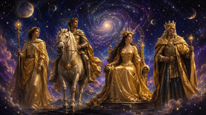 Tarot court cards shown as four golden figures — a Page, a Knight on horseback, a Queen, and a King — against a starry cosmic sky
