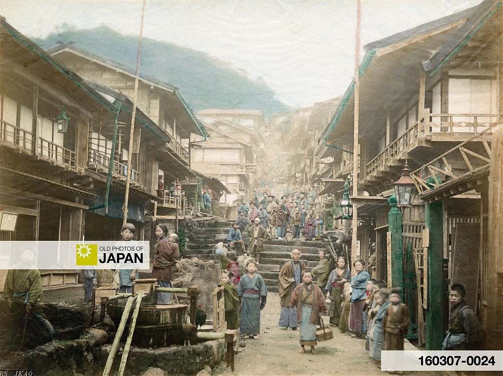 Hand colored albumen print by Adolfo Farsari of Ikaho Onsen in Gunma Prefecture, ca. 1880s Hand colored albumen print by Adolfo Farsari of Ikaho Onsen in Gunma Prefecture, ca. 1880s