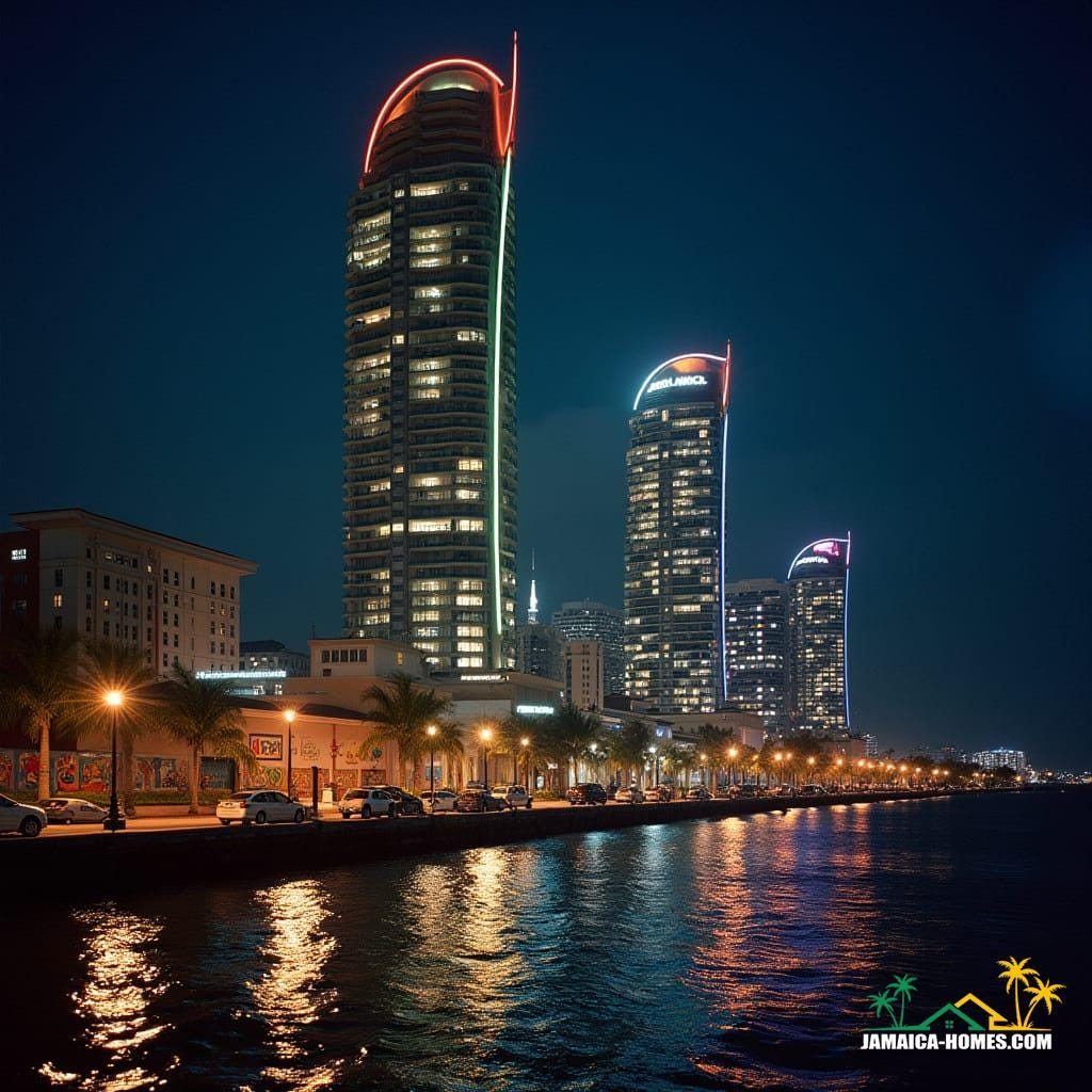 Glowing Kingston waterfront at night, futuristic condos with neon edges, illuminated skybridges, cars parked below, reflections on Caribbean Sea, Jamaican flags, murals, and reggae posters, cinematic lighting, shot on 35mm film with v-raptor XL, film grain, vignette, color graded, post-processed, inspired by the dramatic styles of Denis Villeneuve, Roger Deakins, and Emmanuel Lubezki.