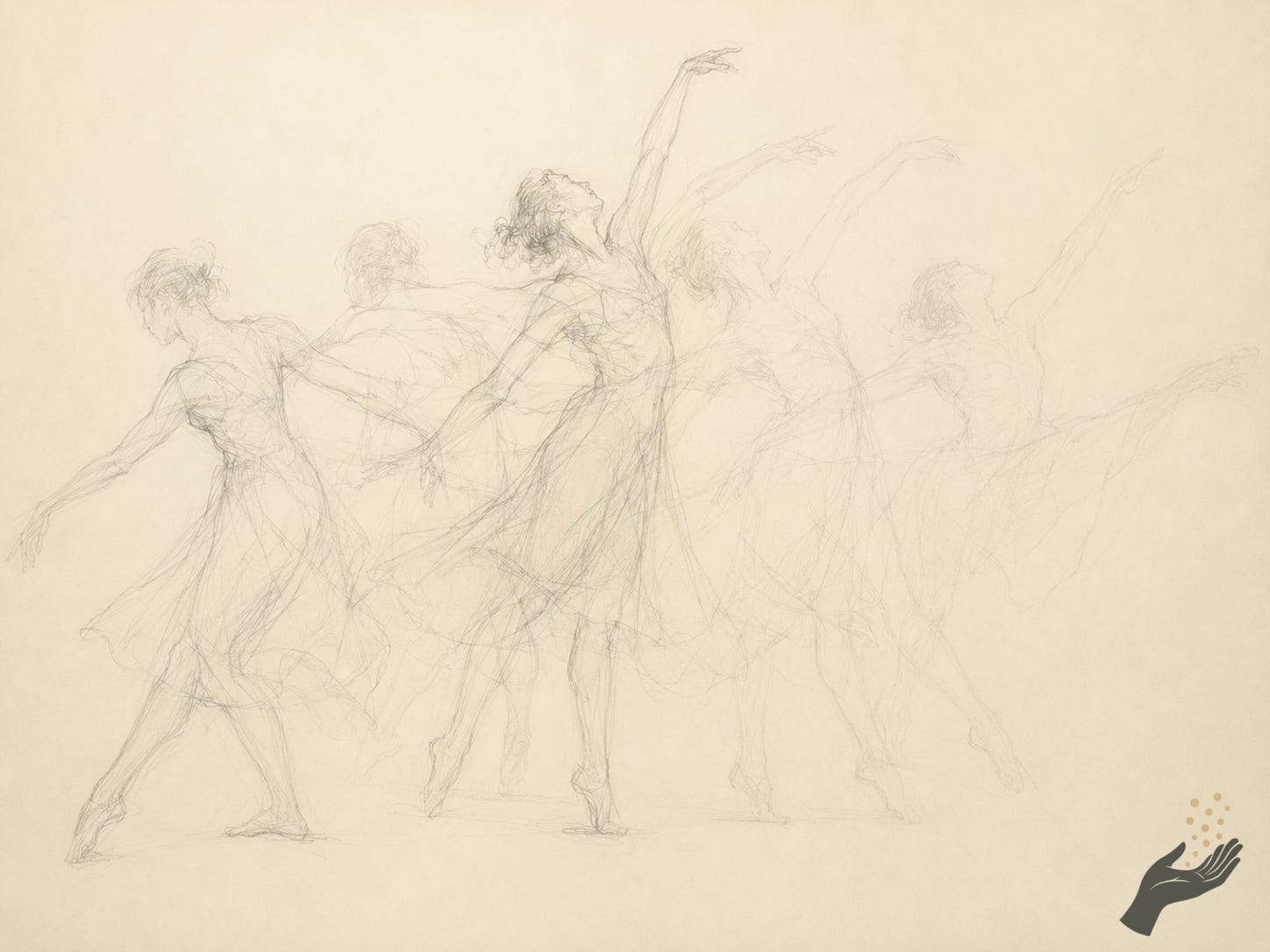 Faint pencil study on cream paper showing a dancer in several overlapping positions across one movement, with the figures fading into one another.