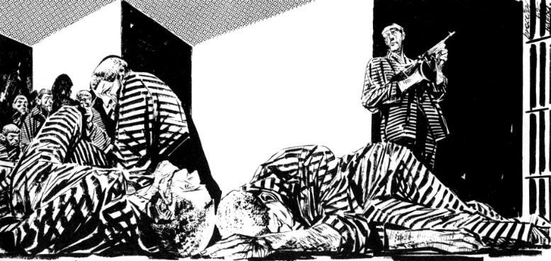 IMAGE: Black and white illustration of people in striped jumpsuits in a prison by Alberto Breccia.