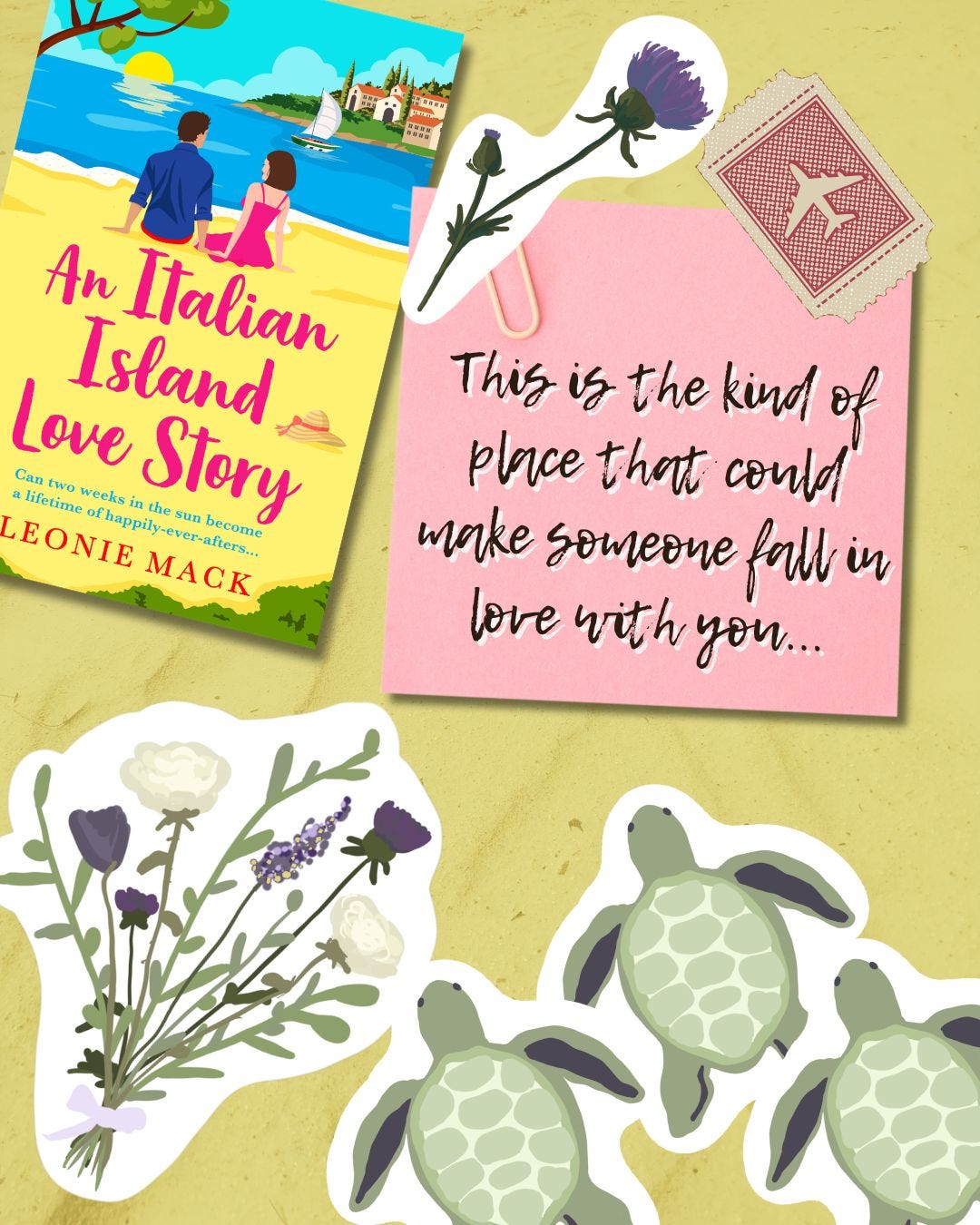 Cover of An Italian Island Love Story with quote and wildflowers and turtles