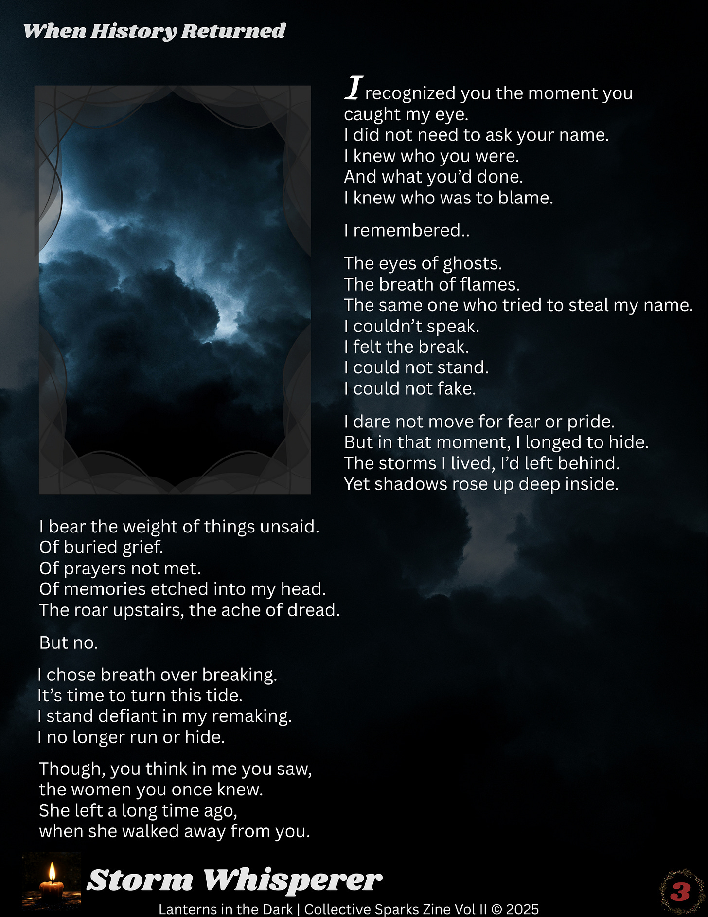 Dark storm clouds fill the frame, with a break in the clouds revealing a bright, glowing light at the center against a nearly black sky.