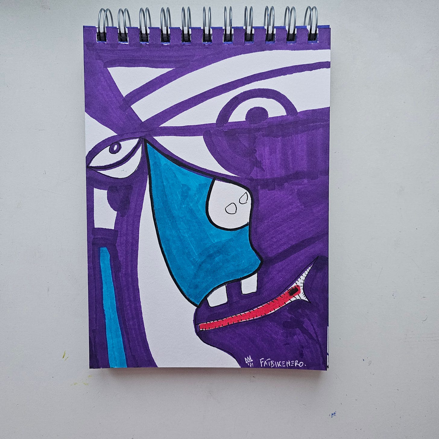 "A vertical marker drawing by FatbikeHero titled Thirsty Richman in Hell. The image features an abstract, cubist-style face dominated by heavy purple strokes. The face has a large, staring eye, a prominent geometric blue nose, and a mouth that appears zipped or stitched shut with a red interior. The background incorporates white negative space and thick purple framing. Signed 'FatbikeHero' in the lower right." "A vertical marker drawing by FatbikeHero titled Thirsty Richman in Hell. The image features an abstract, cubist-style face dominated by heavy purple strokes. The face has a large, staring eye, a prominent geometric blue nose, and a mouth that appears zipped or stitched shut with a red interior. The background incorporates white negative space and thick purple framing. Signed 'FatbikeHero' in the lower right."