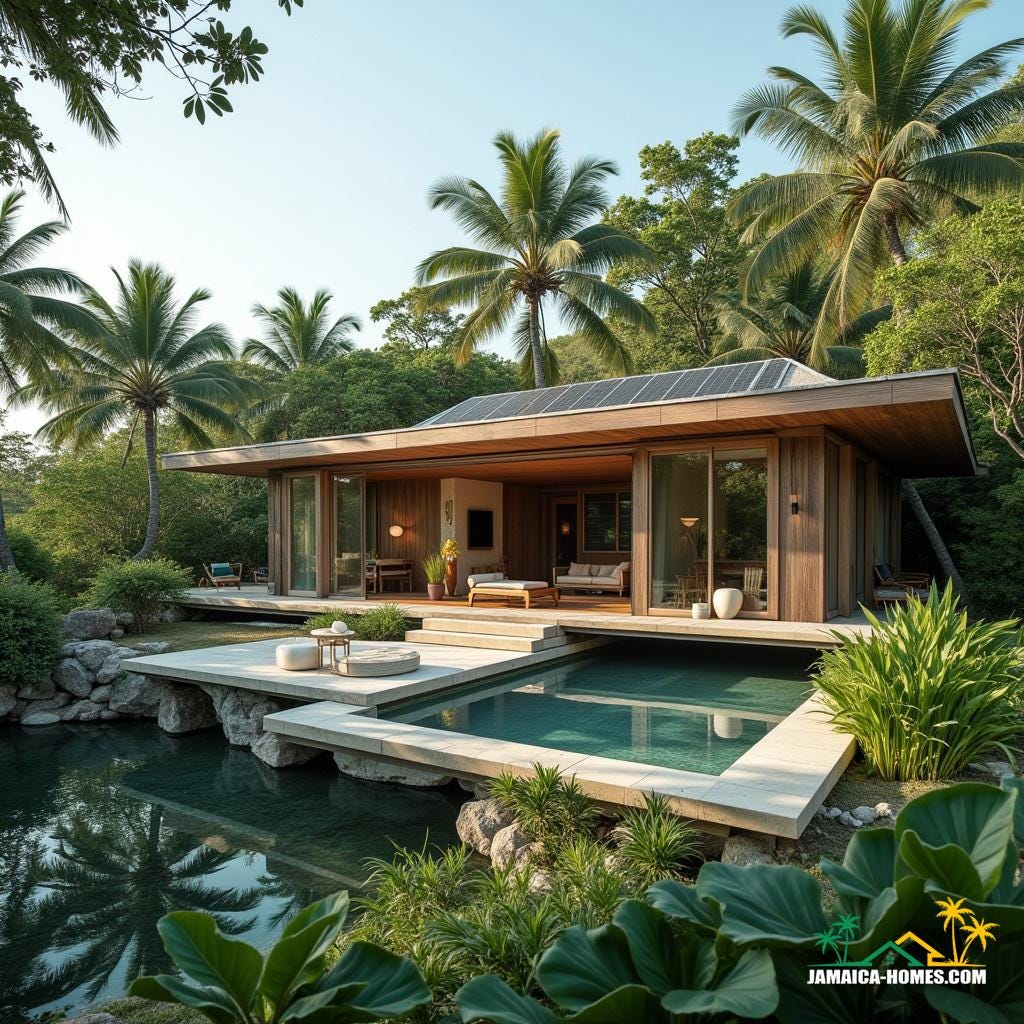A majestic, eco-friendly Jamaican island home with a blend of traditional Caribbean charm and modern minimalist design, crafted from hurricane-resistant materials, natural wood, and stone, set amidst lush tropical landscaping. The house features expansive open-air verandas, solar panels, and rainwater collection systems, emphasizing a harmonious balance with nature. Large windows and doors allow for effortless airflow, while the interior boasts a refined, airy aesthetic.