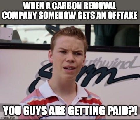 A confused teenager from We're the Millers, captioned "When a carbon removal company somehow gets an offtake" and "You guys are getting paid?!"