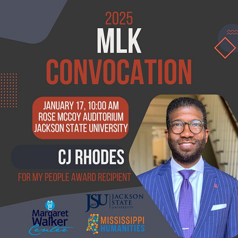 Each graphic has a brown-gray background with blue-gray and some red shapes, for decoration. Each also has text advertising the MLK event, with the same info as the post's body. The first graphic has a close-up headshot of a man, Charles Payne, in suit and tie and glasses against a white background. The second has an image of a man, CJ Rhodes, For My People Award winner, smiling in a blue suit against a background of what looks like a house interior. The third has a close up headshot of a man, Carroll Rhodes, For My People Award winner, smiling in a suit and tie against a grey background.
