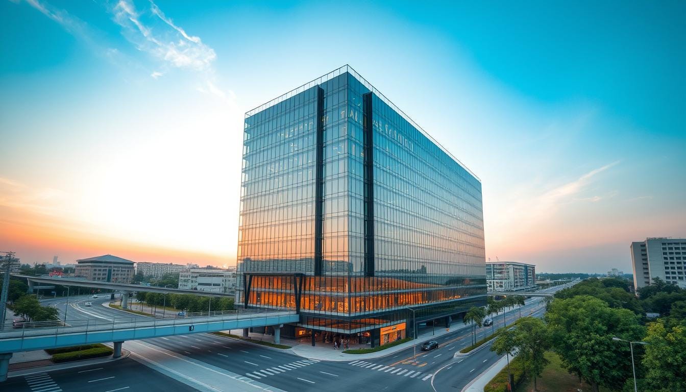 A modern office building with glass facade, symbolizing the commercial growth potential along the Expressway.