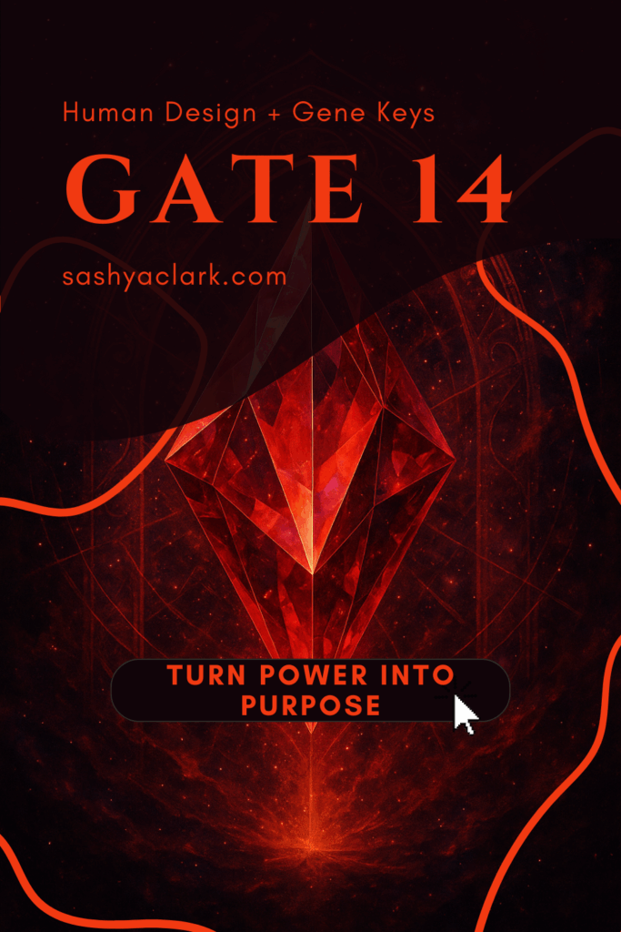 A glowing ruby-red multifaceted prism floating in a dark cosmic background, surrounded by ethereal light and subtle geometric patterns symbolizing the energy of Human Design Gate 14.