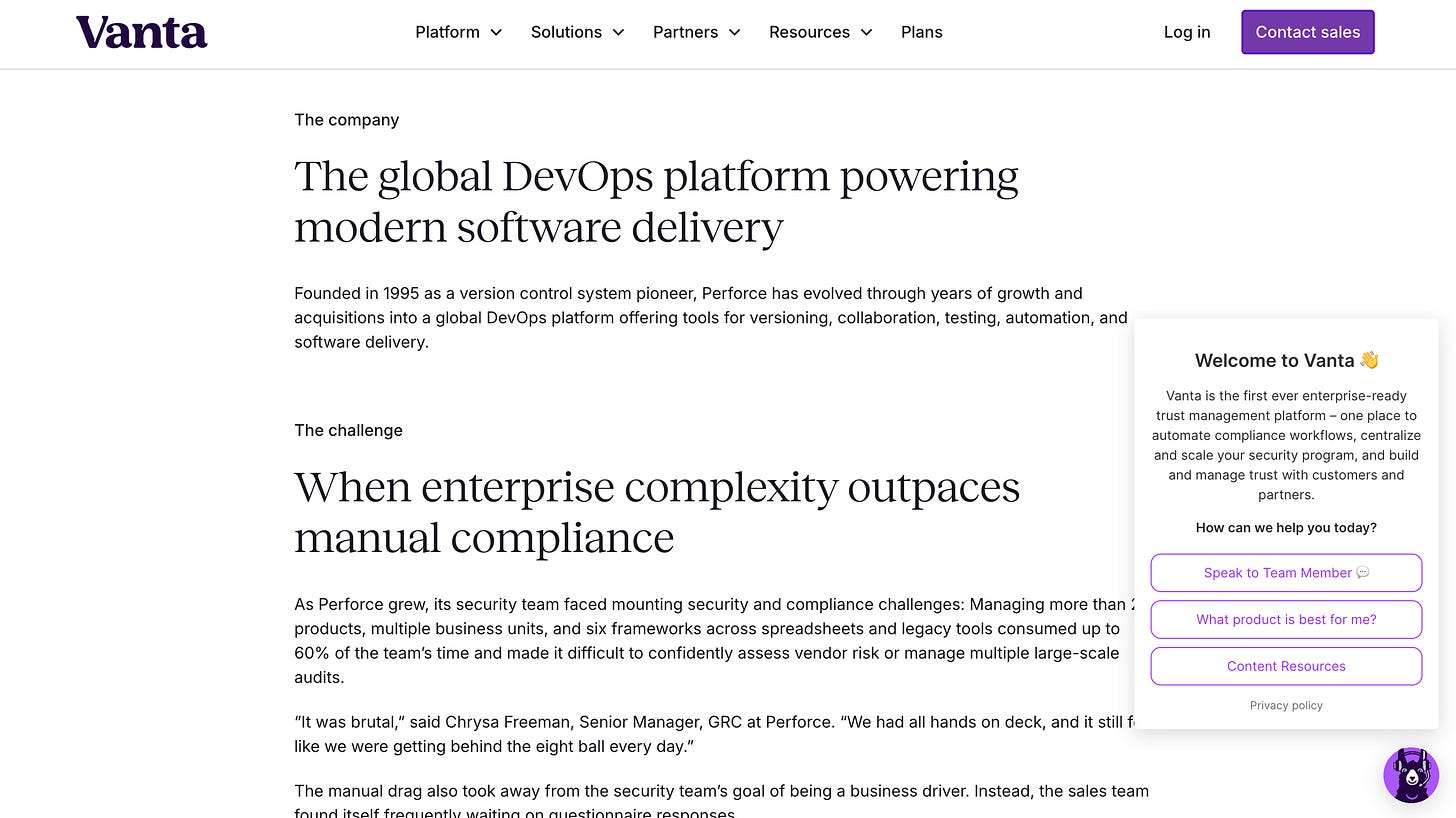 Vanta chat bot on the Perforce customer story webpage. Vanta chat bot on the Perforce customer story webpage.
