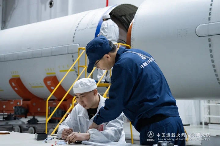 The Jielong-3 Y5 vehicle during integration ahead of being sent to its launch ship.