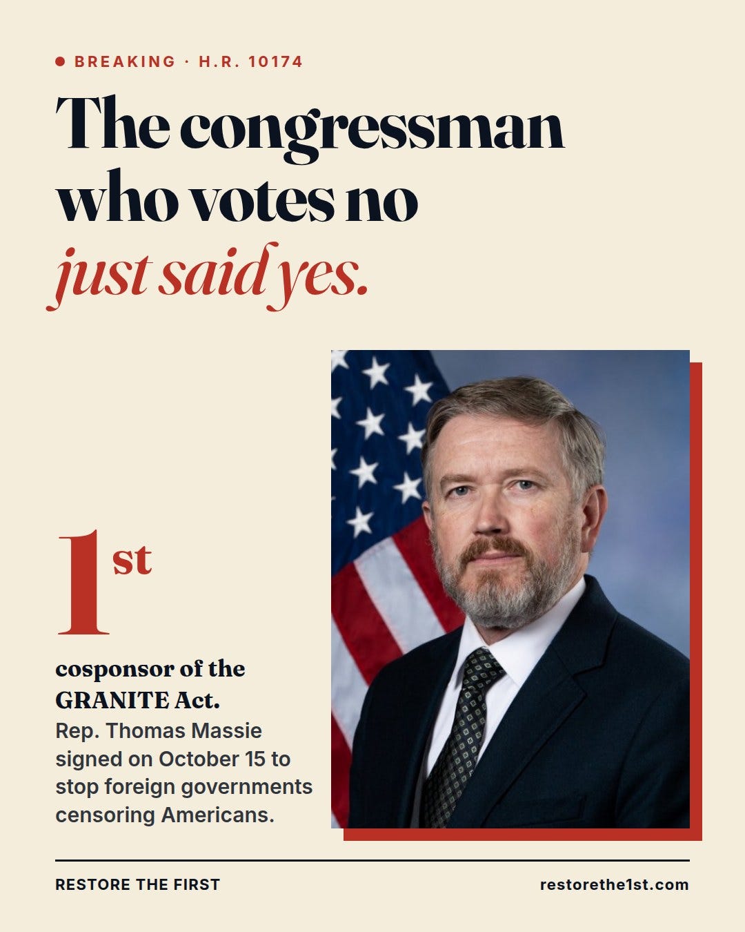 The congressman who votes no just said yes. Rep. Thomas Massie, first cosponsor of the GRANITE Act. The congressman who votes no just said yes. Rep. Thomas Massie, first cosponsor of the GRANITE Act.