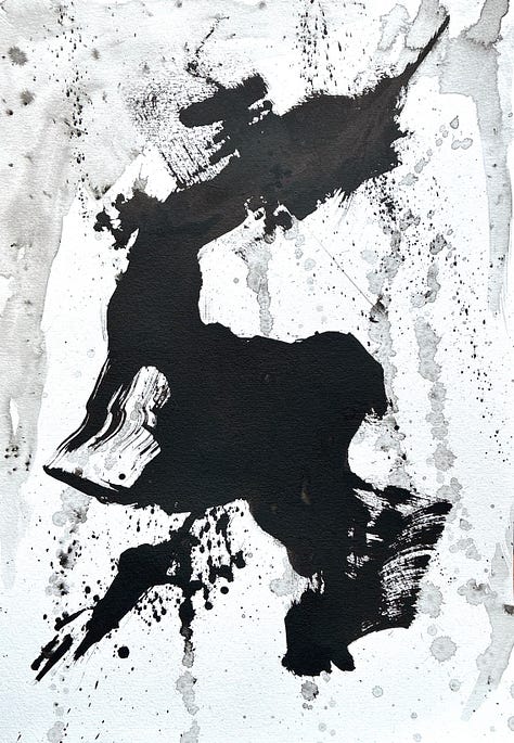 Three abstract pictures in black ink on white paper. Aiming towards the minimal