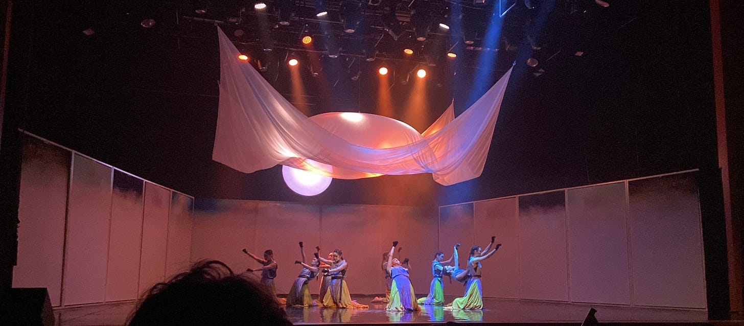 Female dancers on stage during a performance of the Kazakh theatre piece Qulan.