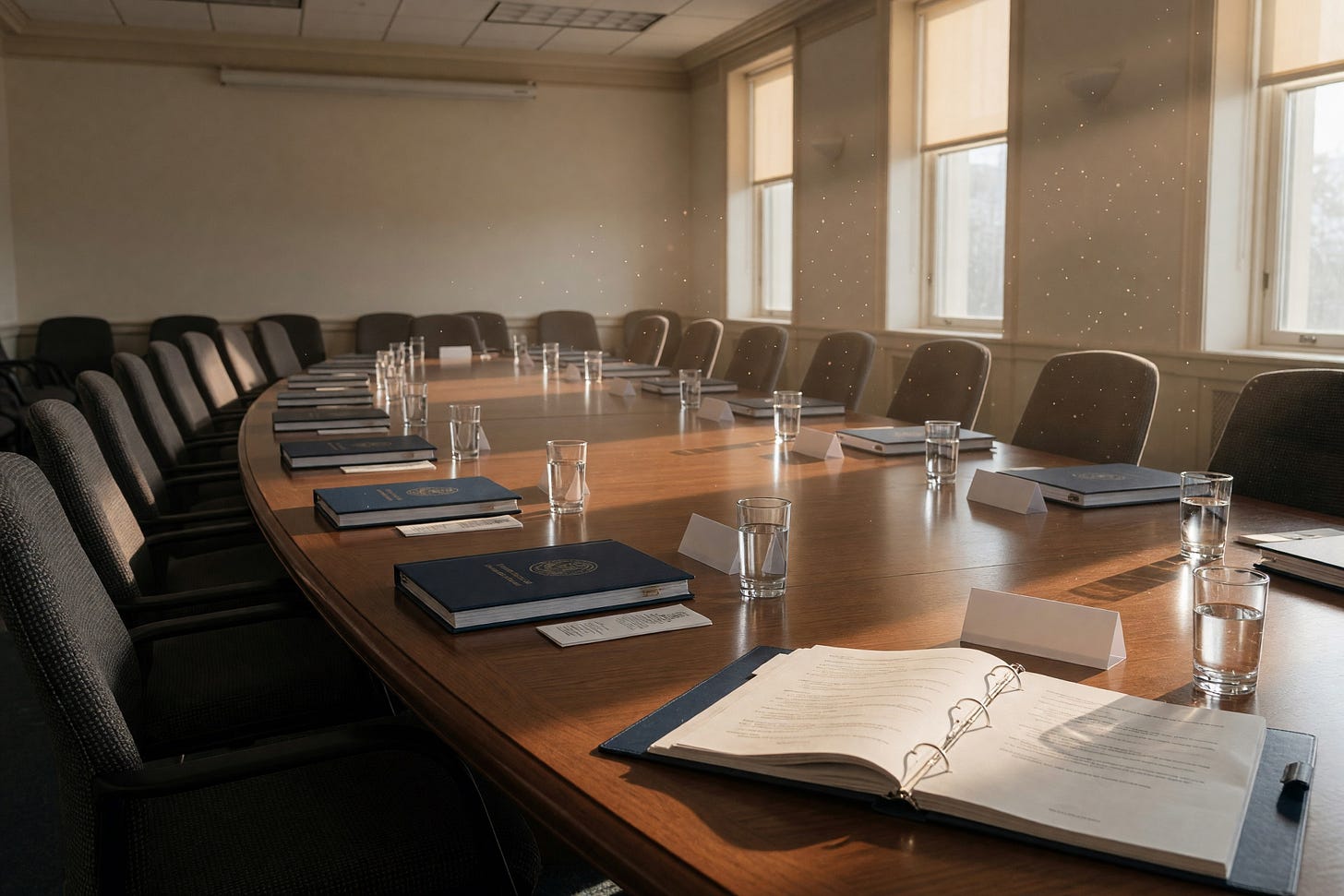 An empty federal advisory-committee hearing room with a long wood table, closed navy briefing binders, blank name cards, and water glasses in warm morning light.