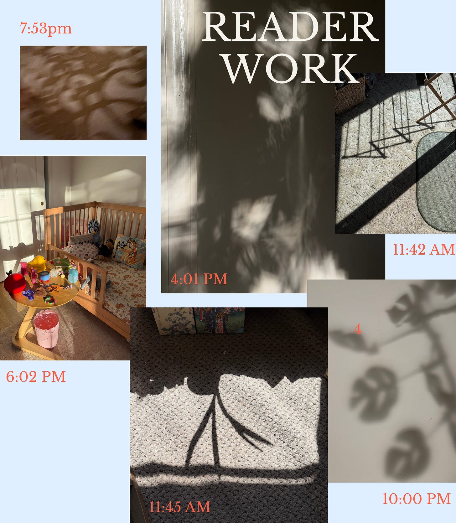 A grid collage of reader-submitted photographs, each showing light and shadow falling on a wall or floor in a different home A grid collage of reader-submitted photographs, each showing light and shadow falling on a wall or floor in a different home