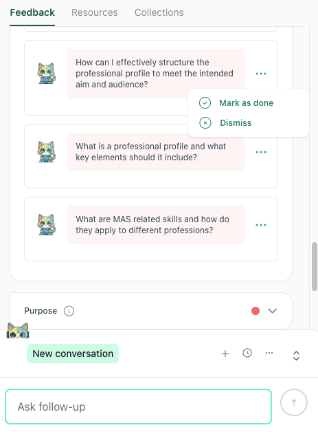 thesify interface showing the user clicking a menu to either 'Mark as done' or 'Dismiss' a suggested topic about structuring a professional profile.