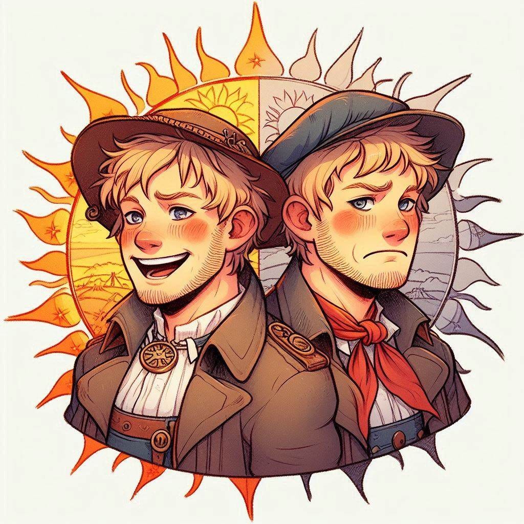 german twins, one happy one sad, solarpunk drawing