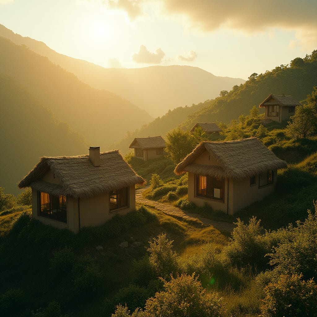 Earth homes, crafted from natural cob and adobe, nestled among lush Jamaican hills, Caribbean sunlight casting warm,
