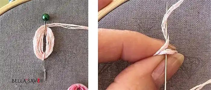 Petal Stitch Tutorial 27 Left: thread wrapped around a pin. Right: fingers pinching the stitch after pin has been removed.