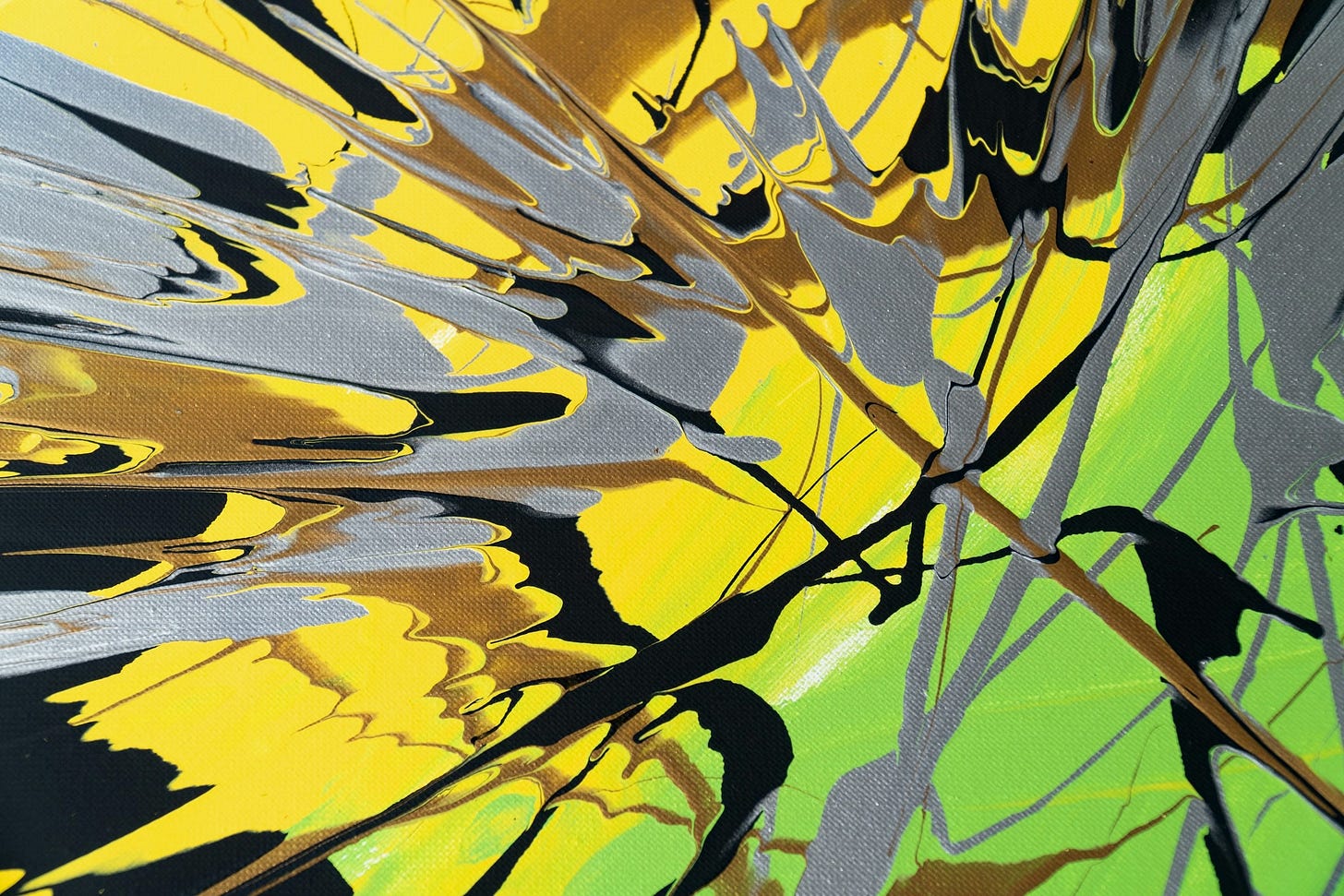 a surreal image of yellow, green, and gray splatters of paint a surreal image of yellow, green, and gray splatters of paint