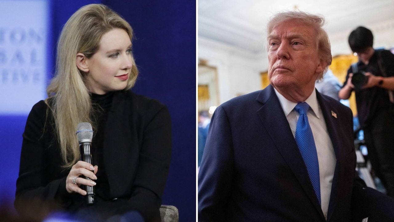 A photo of Elizabeth Holmes alongside a photo of Donald Trump