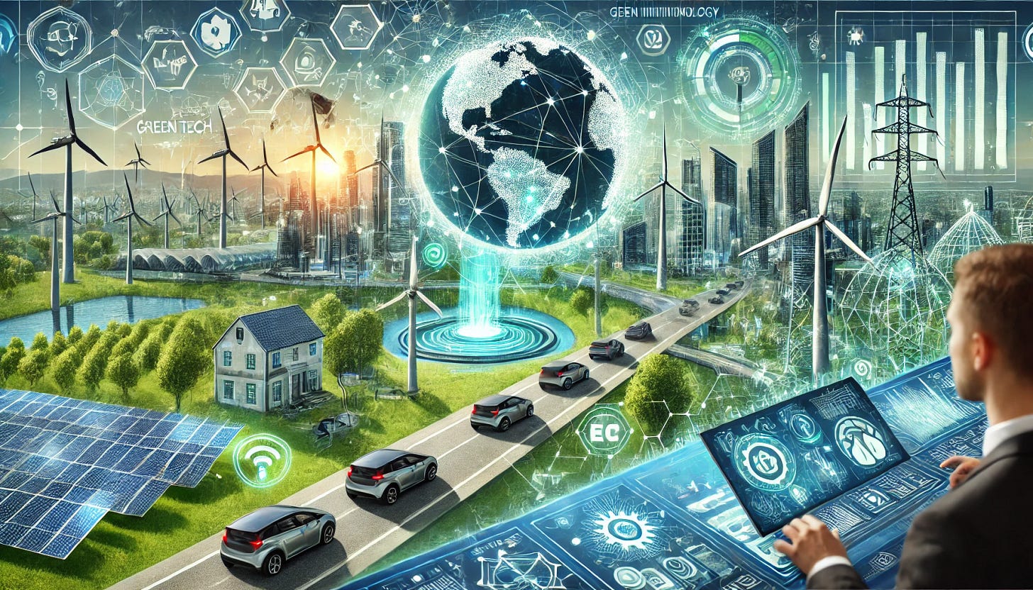 A futuristic city powered by green technology, featuring solar farms, wind turbines, and a high-tech energy grid. AI-controlled smart grids efficiently distribute power, while electric vehicles and drones move seamlessly through a clean, tech-driven environment. Investors analyze holographic charts showcasing the latest green tech stocks and market trends. The atmosphere is vibrant, symbolizing innovation and sustainability in deep tech.