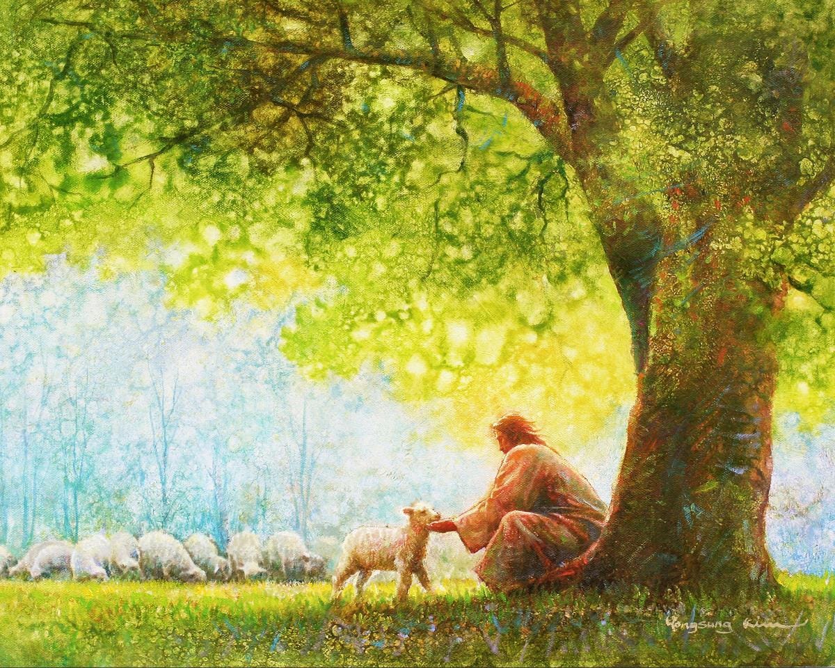 he restoreth my soul by yongsung kim jesus christ feeding lamb sheep tree  flock background – Havenlight
