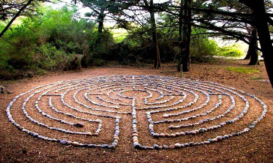 stone labyrinth in a wooded setting in nature