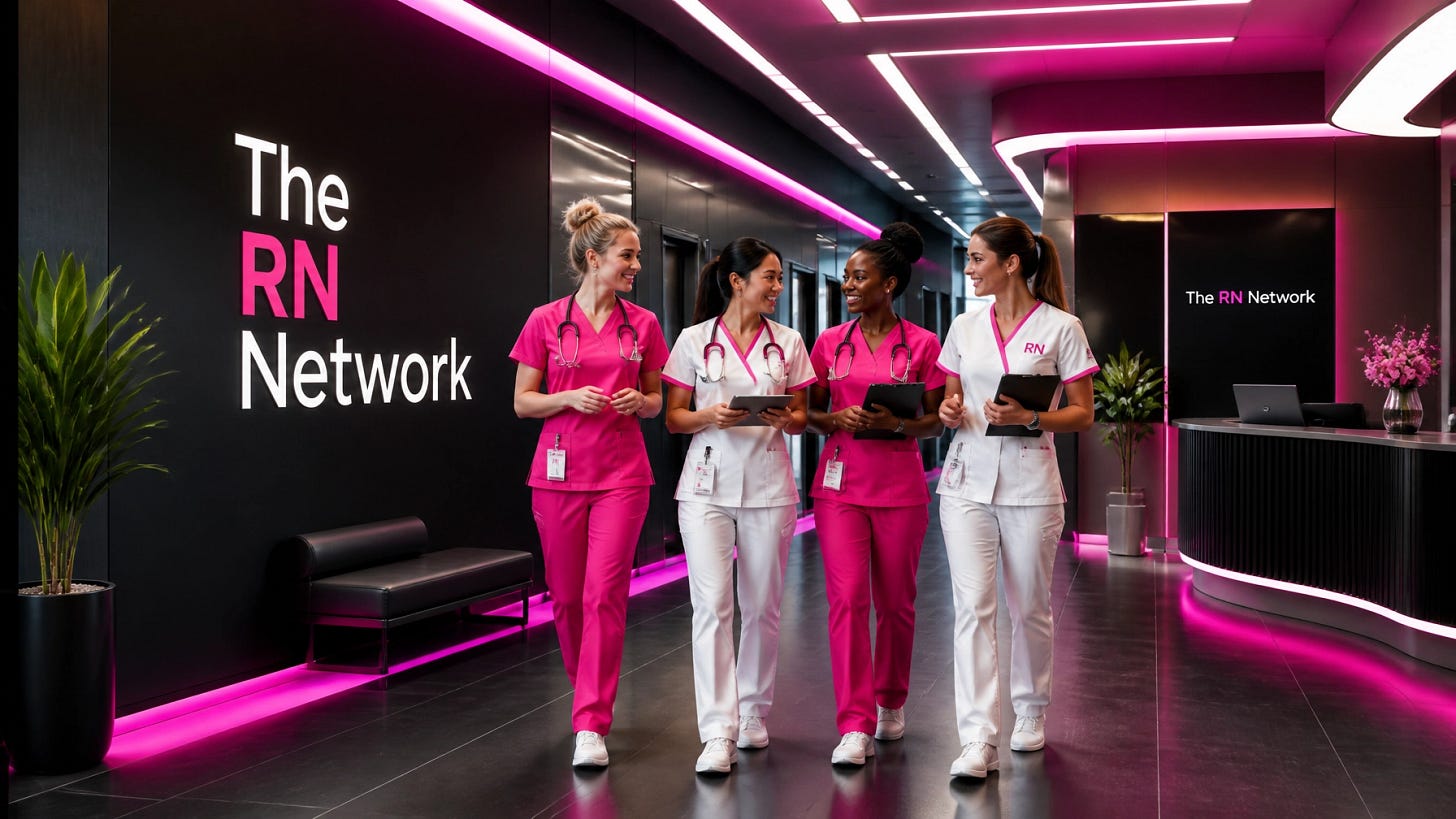 Modern medical facility with nurses in pink and white scrubs walking together in a collaborative environment.