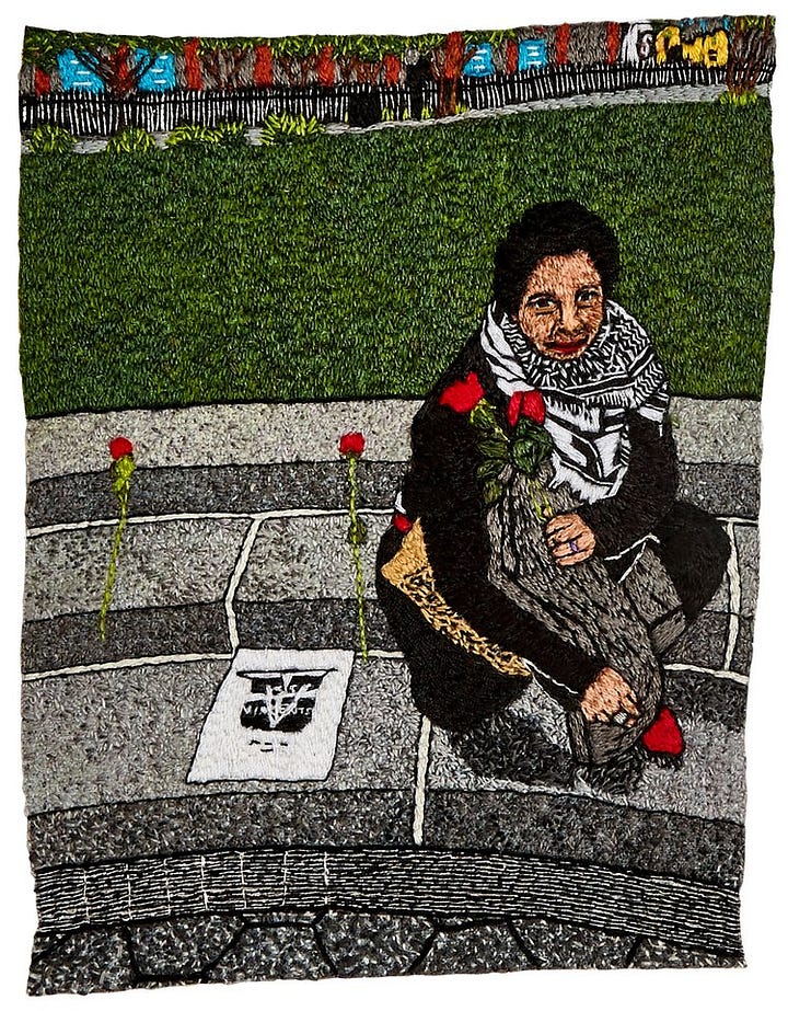 1) An elderly person is sitting on a sidewalk, with a flyer next to them. They have roses in their hand, and there is a large area of grass behind them. They have short black hair, and are wearing white, black, and grey clothing. 2) The verso of the image is seen, with overlapping string and threads.