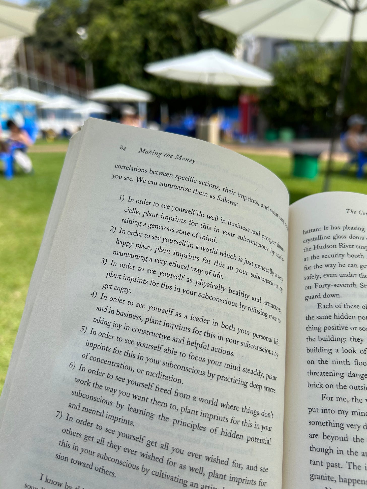 reading the book The Diamond Cutter at the pool