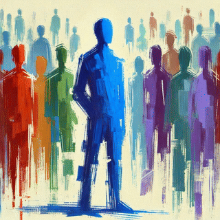 An artistic representation of a blue figure standing out among a crowd of colorful, indistinct figures, symbolizing individuality and uniqueness in a professional environment.