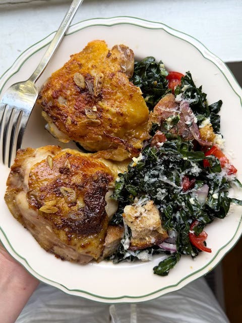 Crispy Maple Garlic Chicken Thighs with Kale Salad & Schmaltzy Croutons